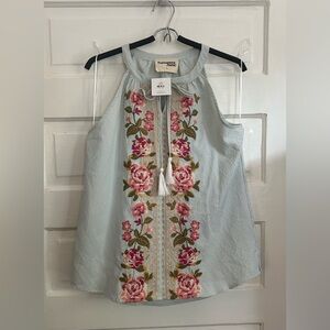 Savanna Jane Striped Floral Embroidered Halter Top, size L